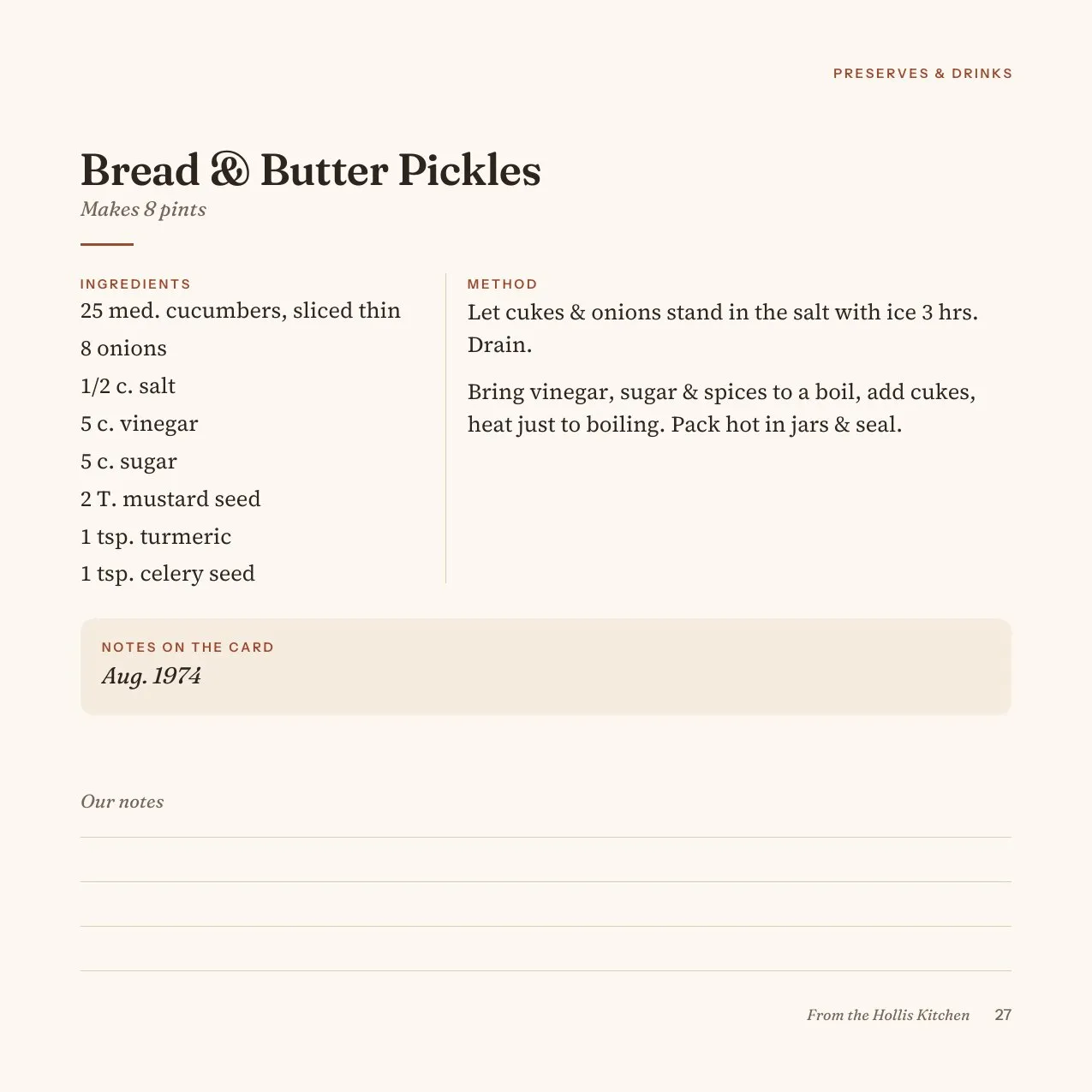 Bread & Butter Pickles typeset as a recipe page