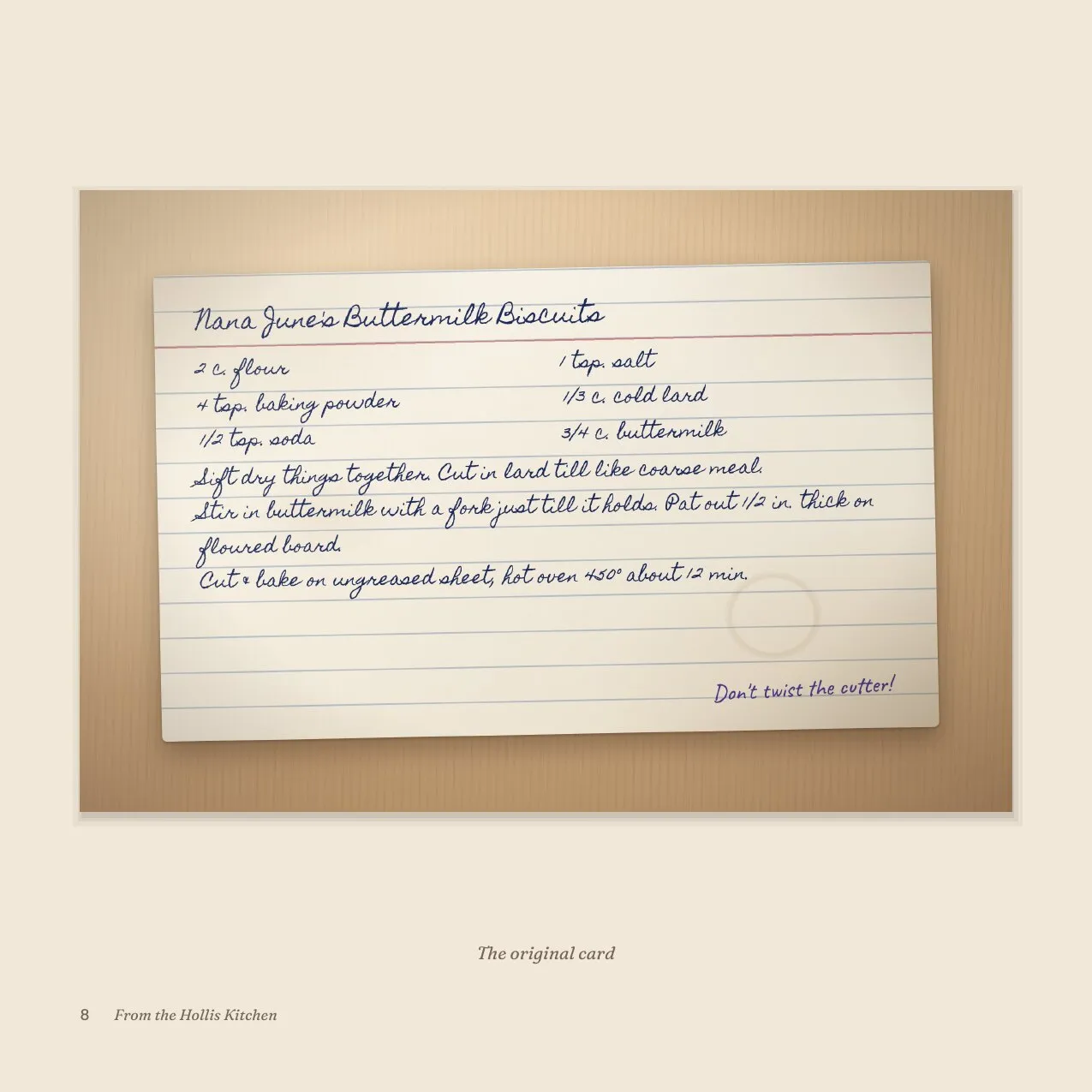Photo of the handwritten card for Nana June's Buttermilk Biscuits