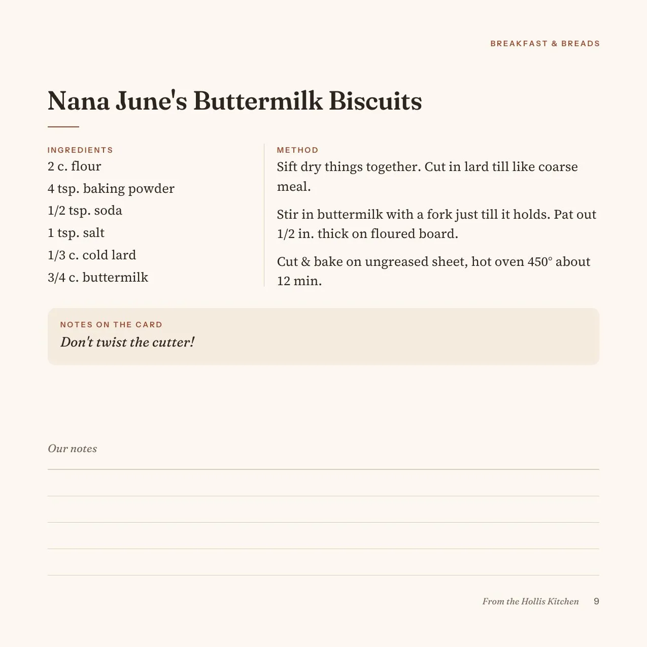 Nana June's Buttermilk Biscuits typeset as a recipe page