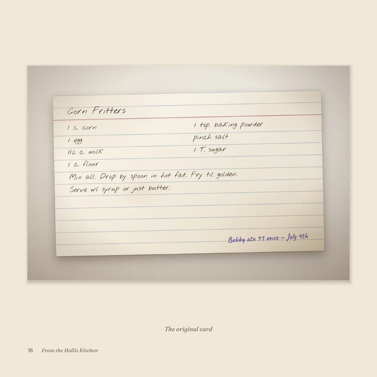Photo of the handwritten card for Corn Fritters