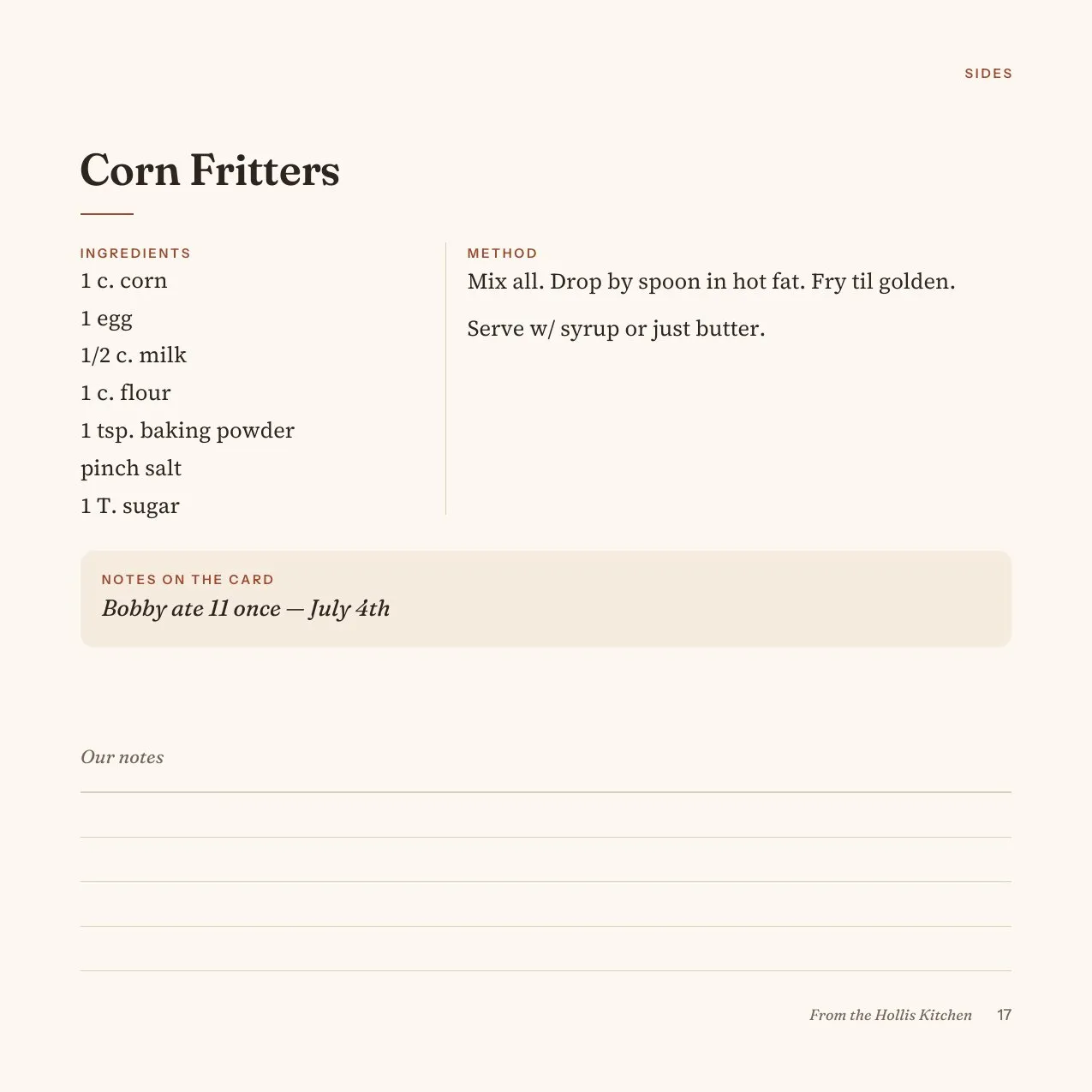 Corn Fritters typeset as a recipe page