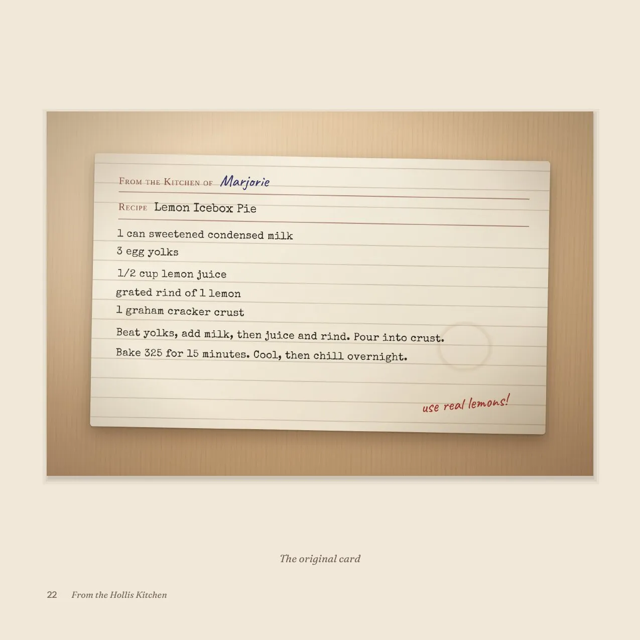 Photo of the handwritten card for Lemon Icebox Pie