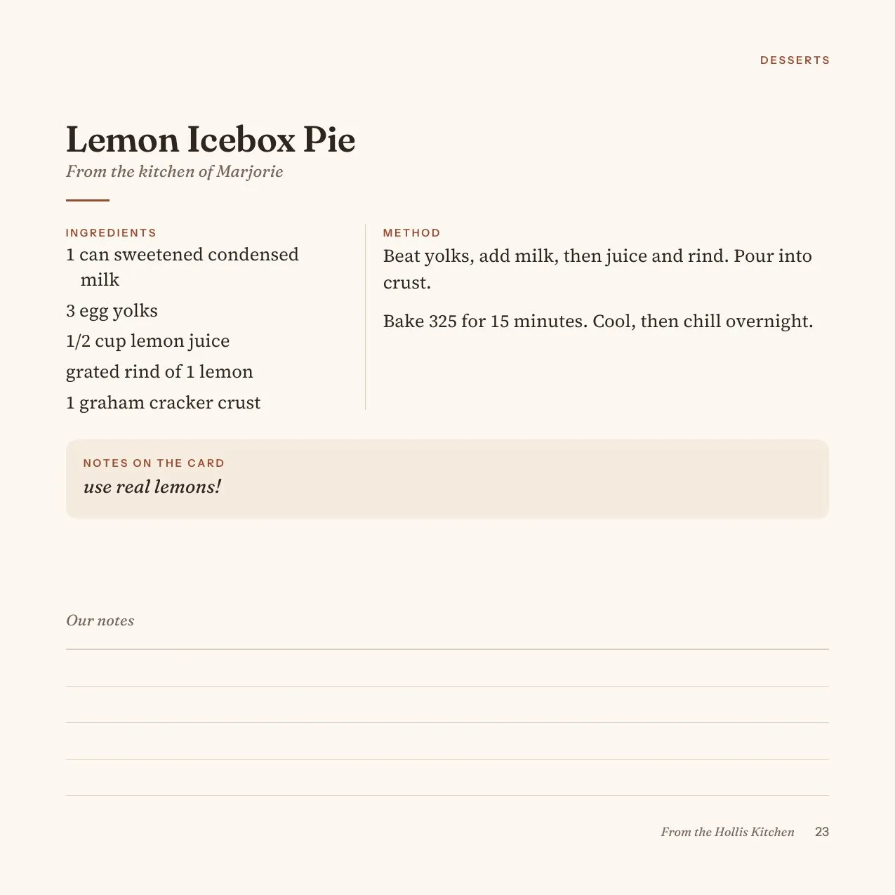 Lemon Icebox Pie typeset as a recipe page