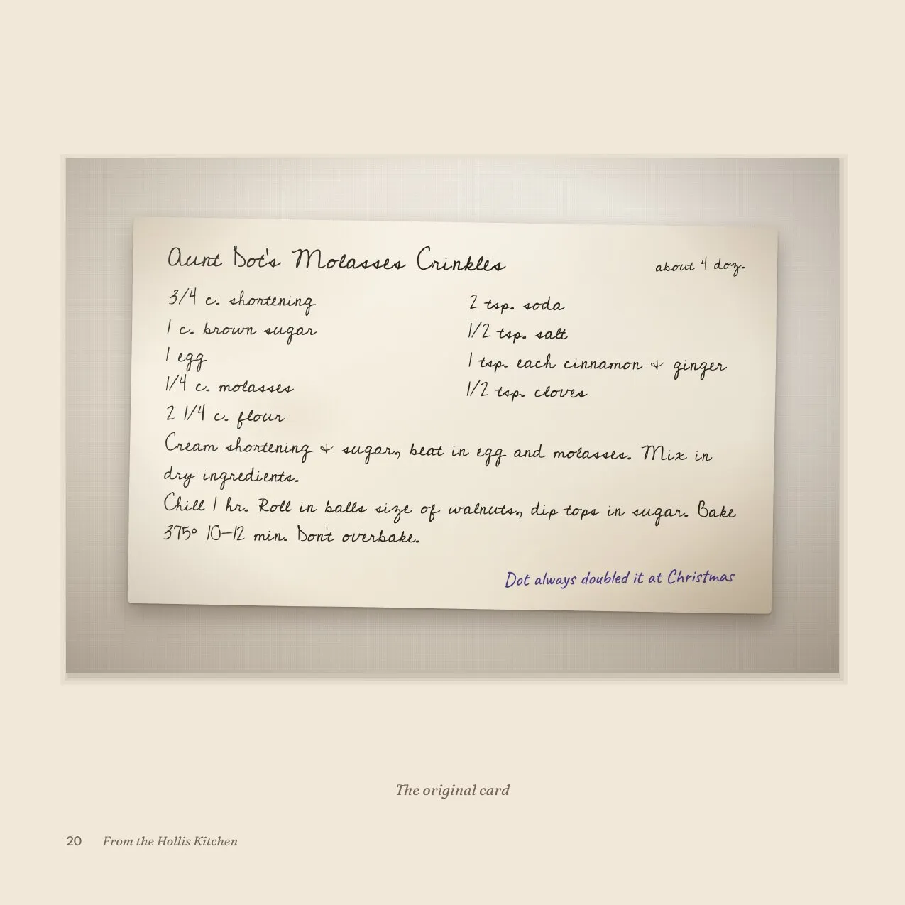 Photo of the handwritten card for Aunt Dot's Molasses Crinkles