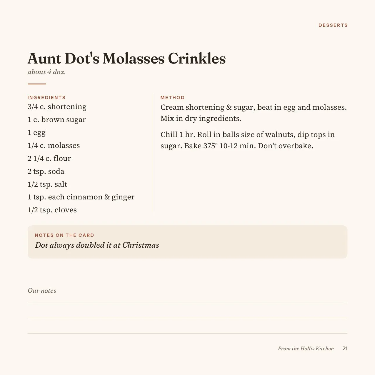 Aunt Dot's Molasses Crinkles typeset as a recipe page