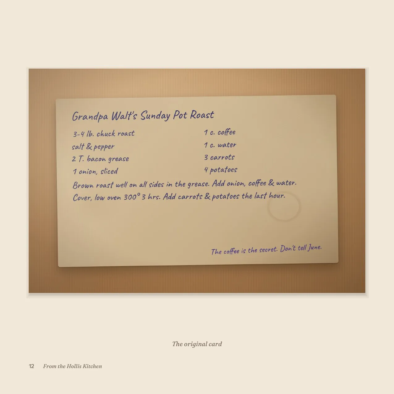 Photo of the handwritten card for Grandpa Walt's Sunday Pot Roast