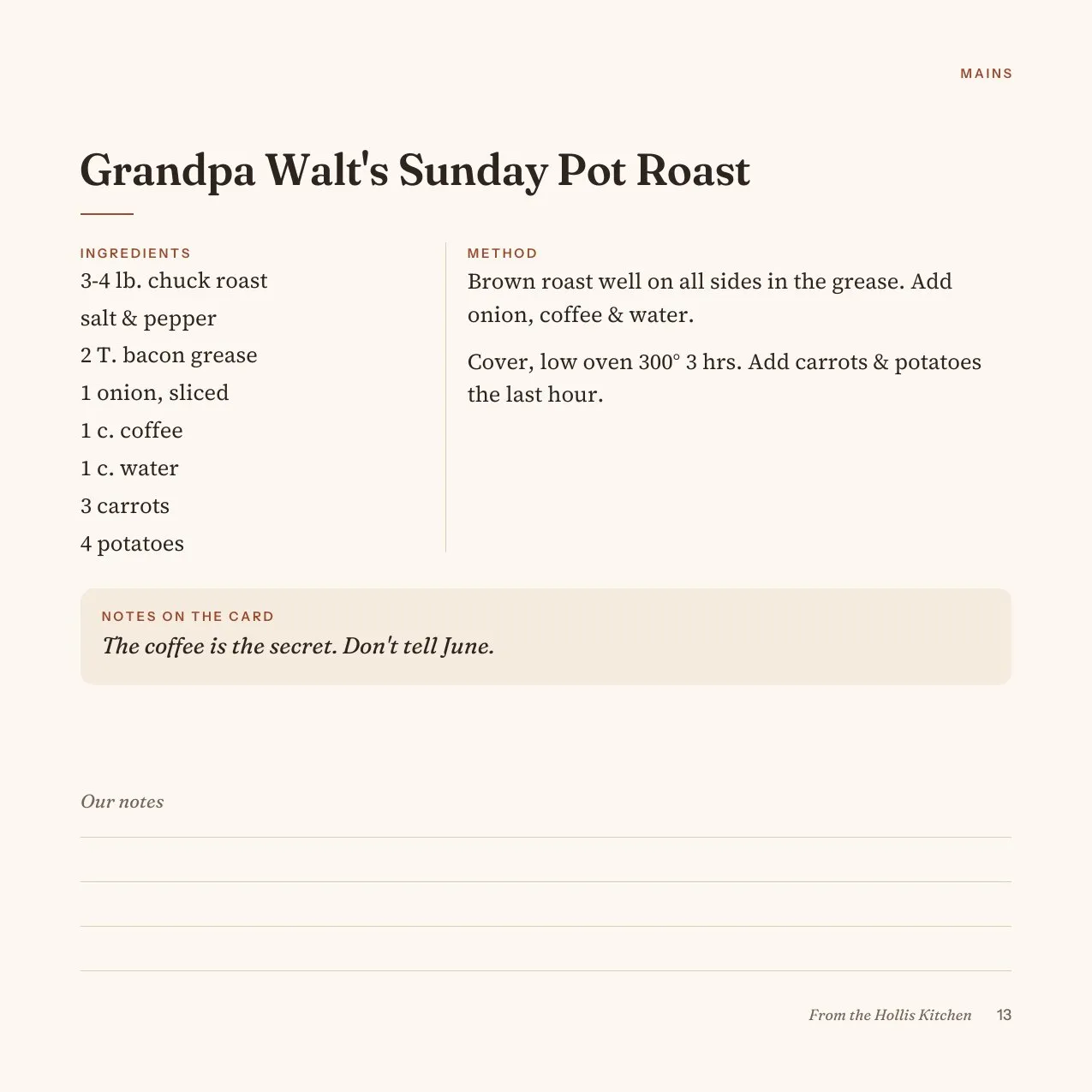 Grandpa Walt's Sunday Pot Roast typeset as a recipe page